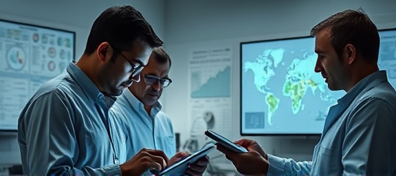 innovative deer management team, focused, analyzing data on tablets, photorealistic, in a laboratory with charts covering the walls, highly detailed, computer screens glowing, f/2.8 aperture, cool color tones, indoor fluorescent lighting, shot with a 35mm lens.