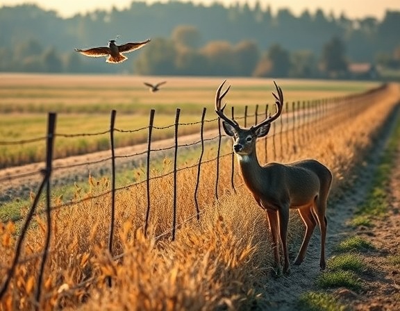 strategic deer prevention setup, contemplative, implementing new measures, photorealistic, on a farm's edge with visible crops, highly detailed, birds fluttering above, ISO 100, rustic hues, soft morning light, shot with a 24-70mm zoom lens.