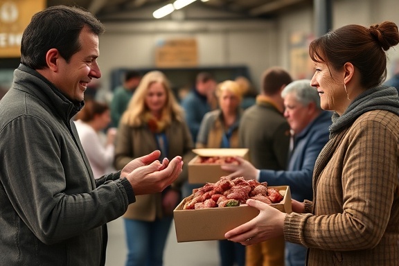 caring venison donation, heartfelt gratitude, distributing food parcels, photorealistic, community center with bustling activity, highly detailed, warm interactions, f/1.8 aperture, earthy and warm tones, natural daylight, shot with a 35mm lens.