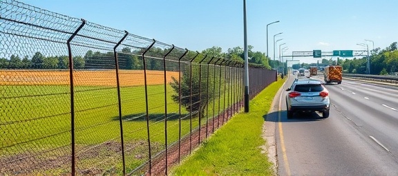 effective deer fencing solution, innovative, being installed by workers, photorealistic, alongside a highway with cars passing by, highly detailed, clear sunny sky, wide dynamic range, vibrant greens and greys, midday sunlight, shot with a tilt-shift lens.