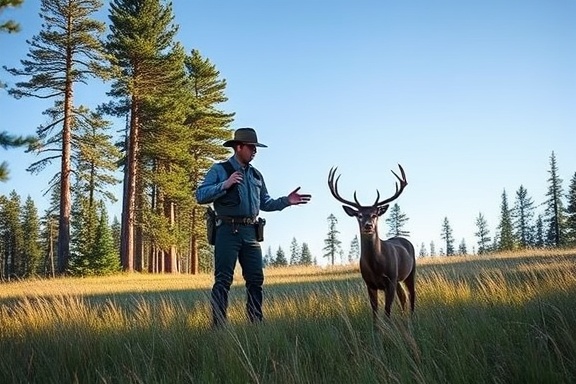 caring ranger with a deer, empathetic, guiding, photorealistic, open meadow bordered by tall pine trees with a clear blue sky, highly detailed, gentle breeze making grass sway, balanced exposure, natural earthy tones, morning light casting long shadows, shot with a 100mm lens.