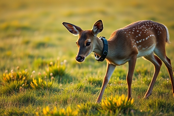 deer with high-tech safety collar, curious, exploring a meadow, photorealistic, open grassland with scattered wildflowers, highly detailed, collar softly blinking, low ISO, natural colors, evening glow, shot with a 85mm lens.