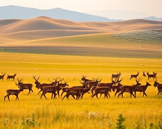 herd of deer, serene, migrating, photorealistic, expansive grasslands stretching into distant rolling hills dotted with wildflowers, highly detailed, subtle movement of animals, fine focus, warm yellow and soft browns, diffused lighting, shot with a 600mm lens.