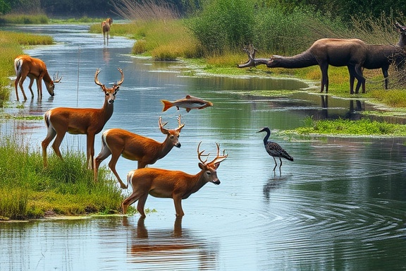 balanced deer ecosystem, harmonious, interspecies interaction, photorealistic, wetlands with deer, birds, and fish coexisting, highly detailed, gentle ripples in water, 8k resolution, fresh blues and greens, soft overcast lighting, shot with a 35mm lens.