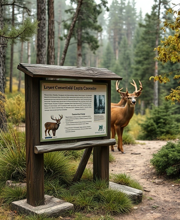 conservational signboard near deer, educational, informative, photorealistic, positioned within hiking trail carrying educational messages about deer, highly detailed, rustic and weathered textures, precision shot, deep browns and greens with stark contrast, ambient lighting, shot with a 24mm lens.