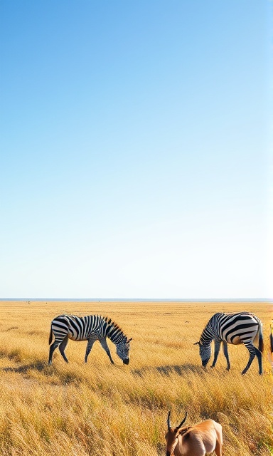 vibrant ecosystem stability, harmonious, species in perfect coexistence, photorealistic, expansive grassland savannah under a clear blue sky, highly detailed, zebra and antelope grazing subtly, macro depth of field, earthy tones, bright daylight, shot with a 50mm lens