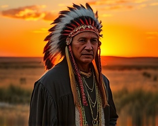 traditional hunting gear, proud expression, wearing a feathered headdress, photorealistic, on a vast open plain with a sunset backdrop, highly detailed, grass swaying in the wind, 50mm lens, vibrant sunset colors, golden hour lighting, shot with a Leica Summilux-M 50mm f/1.4 ASPH lens