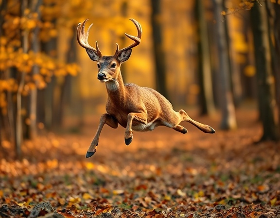 alert deer, ears perked, leaping through the air, photorealistic, autumnal forest with scattered fallen leaves and warm hues, highly detailed, dynamic motion blur, 10k resolution, warm amber and gold tones, dramatic backlighting, shot with a 70mm lens.
