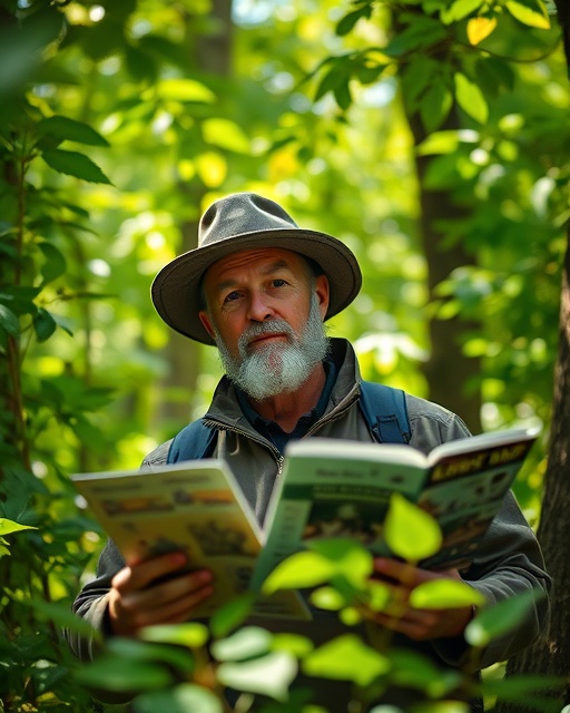 modern hunting ethics, thoughtful expression, reviewing conservation materials, photorealistic, surrounded by lush green forest, highly detailed, gentle breeze through leaves, 125mm lens, natural green hues, dappled sunlight, shot with a Sigma 35mm F1.4 DG HSM Art lens