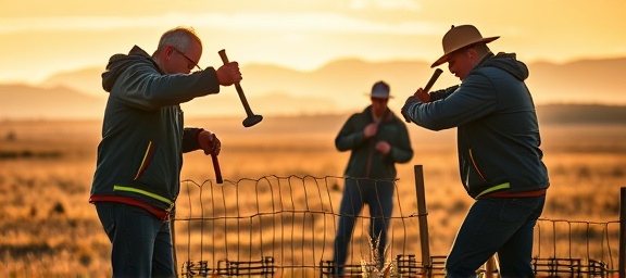 dedicated deer protection volunteers, passionate, constructing a barrier, photorealistic, in a field with distant mountains visible, highly detailed, using hammers and tools actively, f-stop of f/11, warm shades, golden hour sunlight, shot with a 70-200mm telephoto lens.