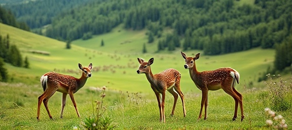 growing deer population, optimistic, fawns playing, photorealistic, lush green valley with a herd in the distance, highly detailed, wildflowers swaying in the wind, 8k resolution, vibrant spring colors, midday lighting, shot with a 85mm lens.