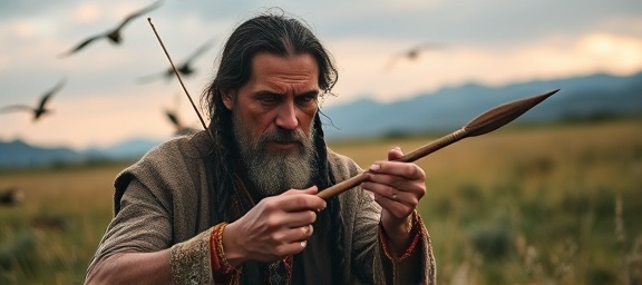 traditional hunting tools, focused expression, sharpening a spear, photorealistic, in a grassy meadow with distant mountains, highly detailed, birds flying overhead, 200mm lens, earthy tones, soft evening glow, shot with a Nikon AF-S NIKKOR 70-200mm f/2.8E FL ED VR lens
