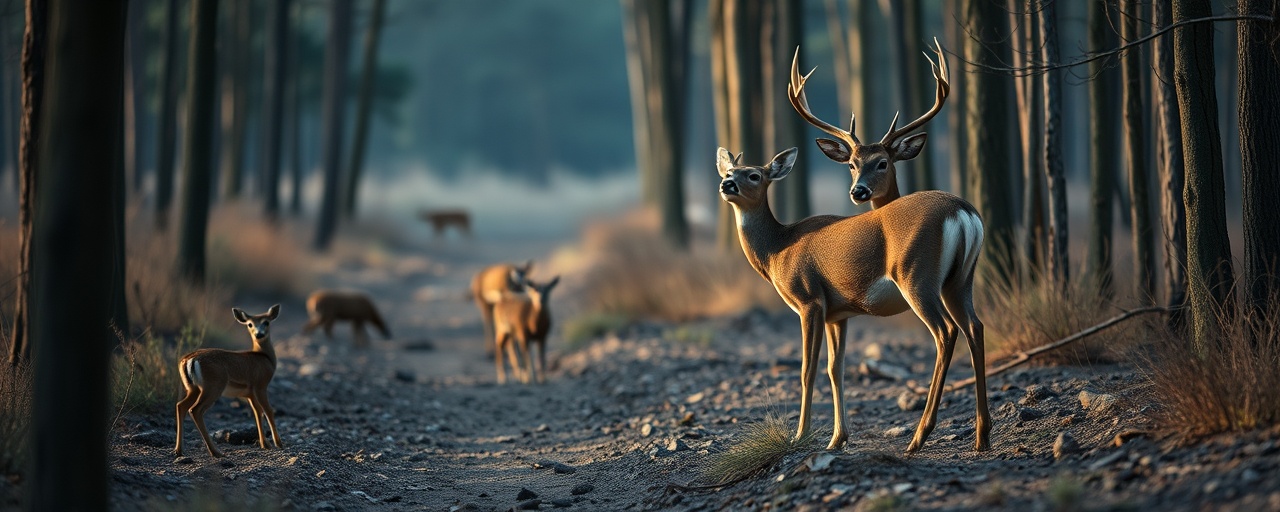 quiet deer conservation, reflective, observing wildlife, photorealistic, remote camera setups in the forest, highly detailed, small animals scurrying, 8k resolution, muted natural earth tones, early morning lighting, shot with a 135mm prime lens.