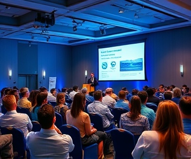 innovative venison program, enthusiasm palpable, educating participants on sustainable practices, photorealistic, modern conference hall with presentation screens, highly detailed, focused attention, f/2.8 aperture, cool and calming blues, indoor ambient lighting, shot with a 24-70mm lens.