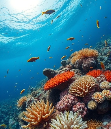 delicate ecosystem equilibrium, poised, natural processes at work, photorealistic, coral reef teeming with diverse marine life, highly detailed, fish swimming and corals swaying, ultra HD, vivid oranges and blues, soft underwater lighting, shot with a fisheye lens