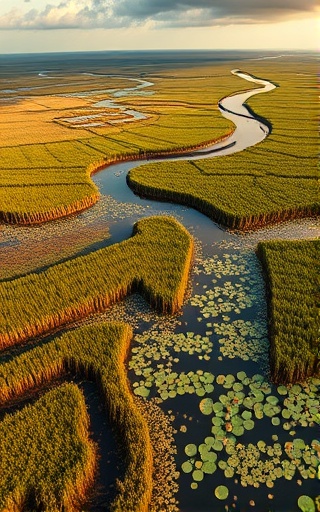 healthy ecosystem health, robust, landscape sustaining life, photorealistic, wetland with a meandering river and marshlands, highly detailed, birds nesting and frogs leaping from lily pads, super wide-angle, muted greens and reflective waterways, golden hour lighting, shot with a 24mm lens