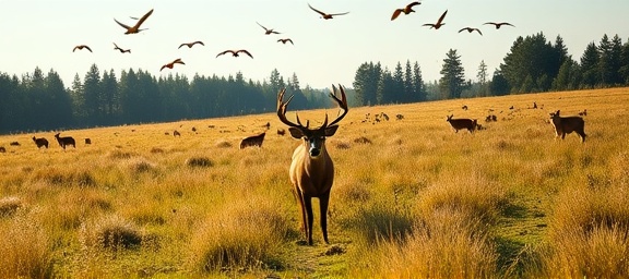 vibrant deer conservation, hopeful, nurturing new growth, photorealistic, open meadows with conservation signs and volunteers, highly detailed, birds flying overhead, 8k resolution, warm earth tones, dappled sunlight, shot with a 70-200mm lens.