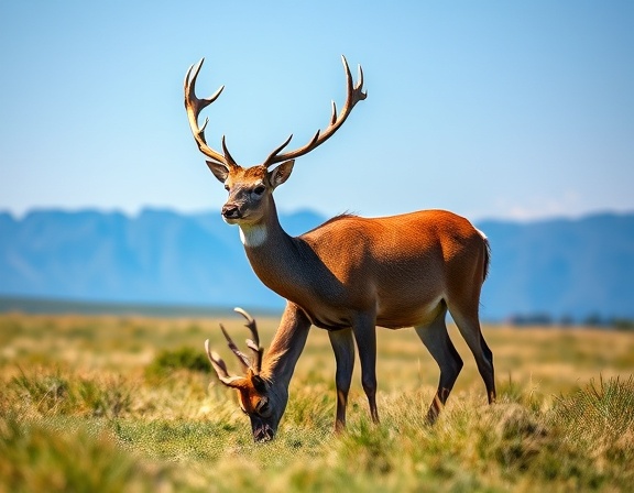 majestic deer, appearing wise, grazing peacefully, photorealistic, open meadow with distant mountains and clear blue sky, highly detailed, gentle breeze moving grass, 12k resolution, vibrant greens and browns, soft morning light, shot with a 35mm lens.