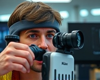 innovative hunting tools, curious expression, testing a new device, photorealistic, in a modern laboratory setting, highly detailed, interactive digital screens, macro lens, sleek silver and black, bright LED lighting, shot with a Nikon Z 105mm f/2.8 VR S lens