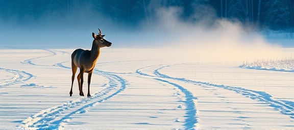 focused deer tracking, attentive, tracking with binoculars, photorealistic, snowy landscape with tracks and trails, highly detailed, mist rising from the ground, 8k resolution, crisp blue and white contrast, dawn lighting, shot with a 24-70mm lens.