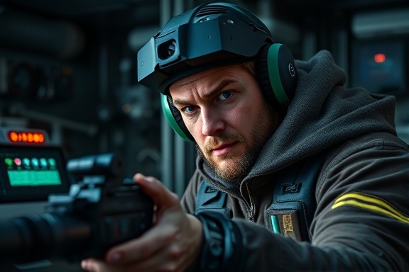 high-tech hunting equipment, determined expression, assembling pieces, photorealistic, within a tech-filled workspace, highly detailed, flashing LED indicators, ultra-wide lens, metallic hues, cool artificial lighting, shot with a Sony FE 12-24mm f/4 G lens