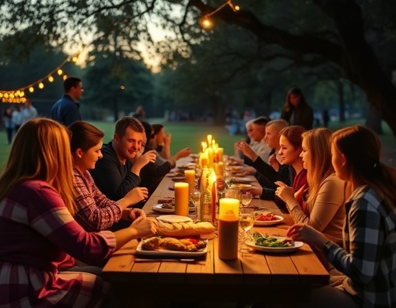 inclusive venison community, sense of belonging, hosting a communal feast, photorealistic, outdoor park setting with picnic tables, highly detailed, lively social interaction, 1/2000s shutter speed, vibrant colors, golden hour lighting, shot with an 85mm lens.