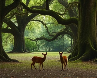 family of deer, nurturing, resting, photorealistic, tranquil clearing surrounded by dense ancient oaks covered in moss, highly detailed, calm setting enhanced by birdsong, fine grain texture, muted forest palette, dappled lighting through leaves, shot with a 150mm lens.
