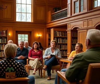 supportive venison program, joyfulness spreading, sharing inspiring success stories, photorealistic, cozy library with natural wood finishes, highly detailed, engaged listeners, ISO 800, warm and inviting colors, soft evening lamps, shot with a 50mm lens.