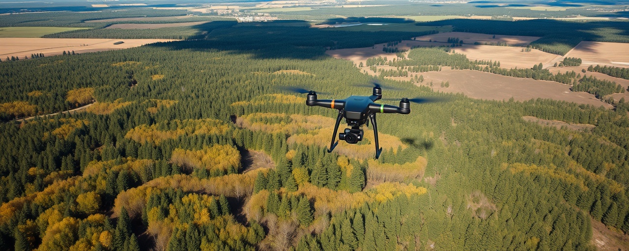 drone view deer management survey, expansive, mapping the territory, photorealistic, aerial view of a landscape with forest and fields, highly detailed, drone hovering steadily, captured at 4K, vivid natural colors, midday shadowing, shot with a drone camera.