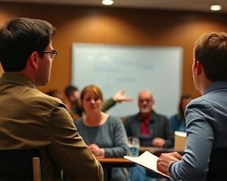 ethical hunting debate, engaged expression, gesturing emphatically, photorealistic, in a college lecture hall, highly detailed, attentive audience with notebooks, 85mm lens, diverse flesh tones, whiteboard reflection, shot with a Canon EF 85mm f/1.4L IS USM lens