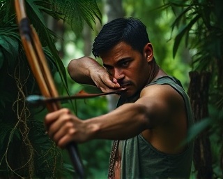 ancient hunting methods, contemplative expression, practicing with bow and arrow, photorealistic, in a dense jungle underbrush, highly detailed, vines and ferns swaying gently, 100mm lens, deep greens and browns, soft diffused lighting, shot with a Canon RF 24-105mm F4 L IS USM lens