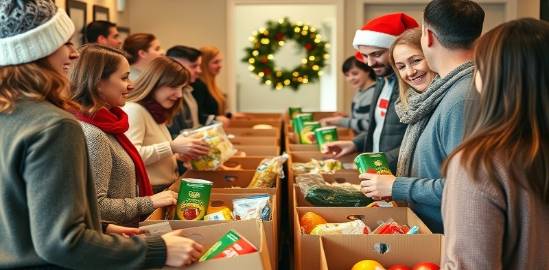Festive food bank scene with joyful volunteers distributing holiday food treats.